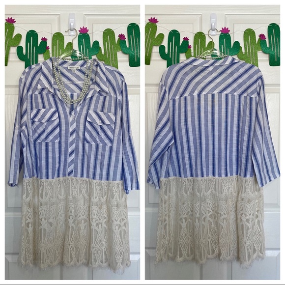 NWOT Tassels N Lace Blue Striped Button Down Tunic - Picture 3 of 9